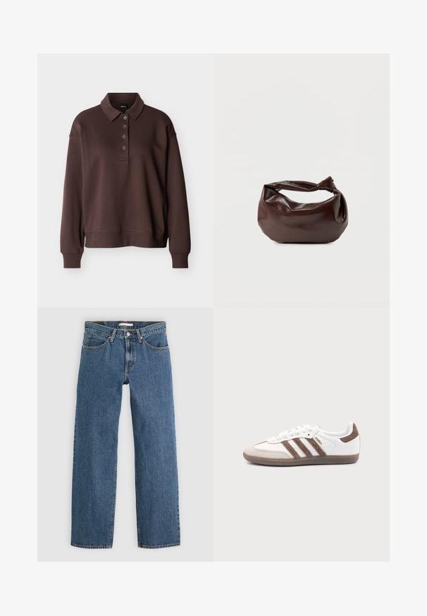 Brun langærmet poloshirt med fire knapper, ribstrikkede ærmeender og ribstrikket kant mod en ensfarvet hvid baggrund.; Blå denim jeans med lige pasform, der har fem lommer, knaplukning og kontrastsyninger langs sømmene.; Hvid Adidas Samba sneaker med brune ruskindstriber, brun gummisål og beige ruskindståhætte, vist fra ydersiden på en ensfarvet baggrund.; Mørkebrun læder skuldertaske med en blød, afslappet form og et snoet knudehåndtag på en ensartet hvid baggrund.