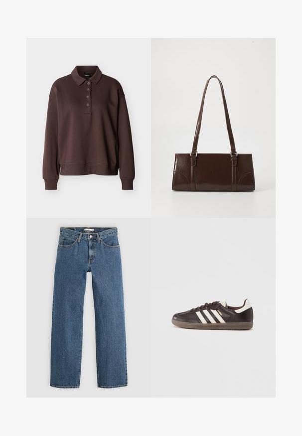 Brun langærmet poloshirt med fire knapper, ribstrikkede ærmeender og ribstrikket kant mod en ensfarvet hvid baggrund.; Blå denim jeans med lige pasform, der har fem lommer, knaplukning og kontrastsyninger langs sømmene.; Mørkebrune lædersneakers med hvidt tre-stribet design, en gummisål og "Samba" i gyldne bogstaver på siden. Klassisk lavtopform.; Brun lakeret håndtaske med rektangulær form, to lange håndtag og subtile buede detaljer på fronten.