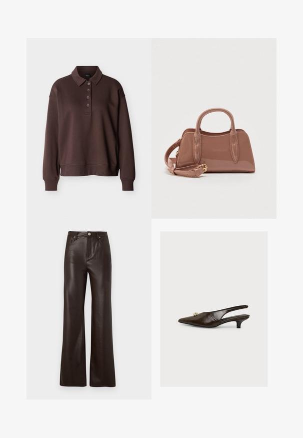 Pruun pika varrukaga polo-särk, millel on neli nuppu, soonikkoes mansetid ja soonikkoes alumine äär, valgel taustal.; Vero Moda Wide-leg VMTESSA High rise - Püksid - chocolate torte; Tumepruun lakknahast slingback-konts terava otsaga, väike kuldne dekoratiivne kuul ja madal kitten-konts, kujutatud lihtsal valgel taustal.; Läikiv roosavärviline käekott kahe ülaosas oleva käepidemega, eemaldatava õlarihma ja dekoratiivsete õmblusdetailidega. Kompaktne, struktureeritud kuju.
