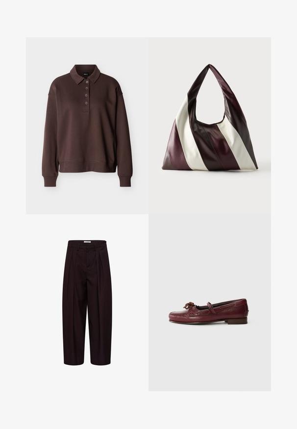 Polo marron à manches longues avec quatre boutons, poignets côtelés et ourlet côtelé sur un fond blanc uni.; Pantalon noir tailleur à jambes larges avec plis devant, passants de ceinture et boutons latéraux à la ceinture.; Mocs en cuir bordeaux avec un bout arrondi, détail de nœud décoratif et couture discrète, montés sur un petit talon plat.; Grand sac à main triangulaire en cuir avec de larges rayures diagonales marron foncé, bordeaux et crème sur un fond uni.