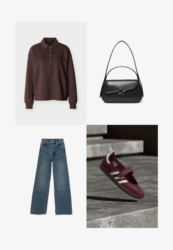 Camisa tipo polo marrón de manga larga con cuatro botones, puños acanalados y un dobladillo acanalado sobre un fondo blanco liso.; Jeans de mezclilla azul de pierna ancha con cintura alta, cinco bolsillos y costuras en contraste. Desvanecimientos y ligerasImperfecciones visibles en la tela.; Zapatilla deportiva marrón con una correa, franjas laterales blancas, suela de goma texturizada y material superior liso. Ajuste ajustable con interior acolchado.; Bolso de hombro de cuero negro con una solapa curva asegurada por un broche metálico redondo y una correa delgada y ajustable.