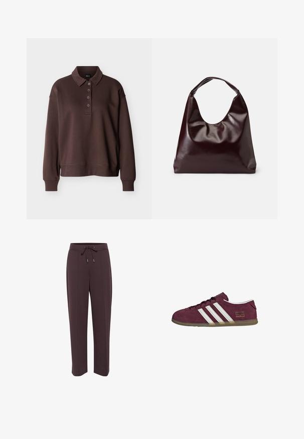Polo marron à manches longues avec quatre boutons, poignets côtelés et ourlet côtelé sur un fond blanc uni.; Pantalons de survêtement marron foncé avec taille à cordon, poches latérales et coupe décontractée. Tissu doux avec une texture lisse et design à jambe droite.; Baskets en daim bordeaux avec accents rayés blancs, bout arrondi et semelle en caoutchouc gomme. Comprend une étiquette logo sur le côté extérieur.; Sac en cuir vegan bordeaux, brillant, avec une forme douce et sculpturale et une large poignée incurvée pour un transport facile.