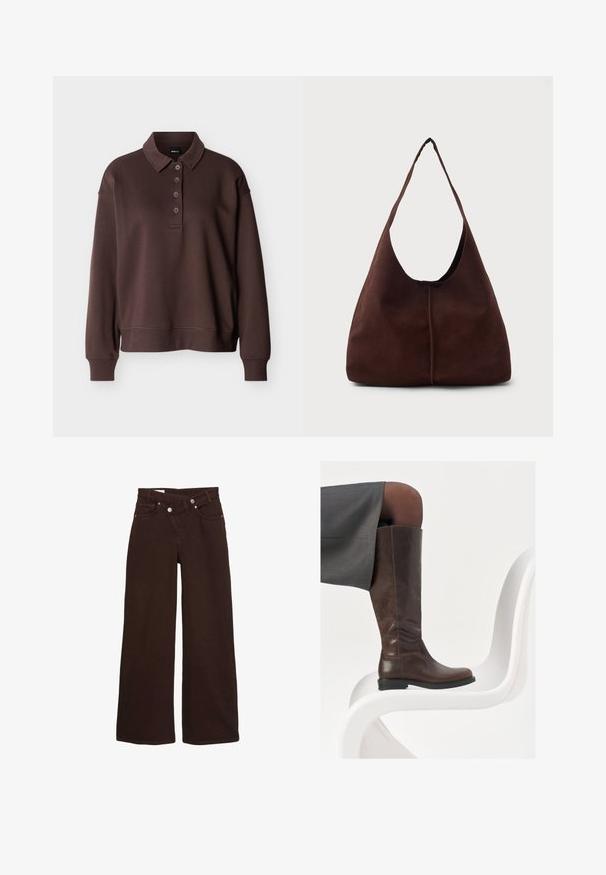Polo marron à manches longues avec quatre boutons, poignets côtelés et ourlet côtelé sur un fond blanc uni.; Jean taille haute, coupe large, couleur marron, avec fermeture éclair et bouton à l'avant, comprenant des poches avant et arrière.; Botte en cuir marron à hauteur de genou avec un bout arrondi, texture lisse et détails de couture minimalistes, placée sur un fond clair sur une chaise blanche.; Sac hobo en daim marron avec une grande ouverture courbée et une large bandoulière. Présente une couture centrée à l'avant. Texture lisse.