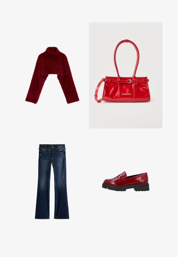 Suéter crop top burdeos con cuello alto, hecho de material suave y esponjoso. Presenta mangas largas y anchas y una superficie texturizada.; Jeans acampanados de denim azul oscuro con dos bolsillos frontales, cierre de cremallera y botón. Presentan una textura sutil y detalles de costura.; Mocasín de charol rojo con una suela baja y chunky negra que presenta un patrón de agarre texturizado y una correa decorativa sobre el empeine.; Bolso de mano de charol de Red Valentino con detalle de hebilla, doble asa y correa de hombro desmontable, sobre un fondo blanco liso.