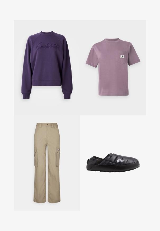 Lilla sweatshirt med rund halsudskæring og raglanærmer. Den har et broderet "Carhartt" logo i matchende farve. Blødt stof i god kvalitet.; Lilla bomulds T-shirt med rund hals, korte ærmer og en lomme på venstre bryst med et logo mærke. Glat tekstur, afslappet pasform.; Beige cargo bukser lavet af slidstærkt stof, med en afslappet pasform, flere sidelommer og et elastisk liv med knaplukning.; Sort isoleret slip-on sko med quiltet overdel, gummisål og strukturel detaljering. Har en hæltrækstrop og branding på siden.