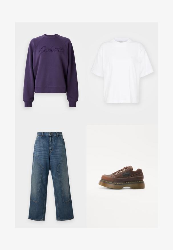Sweatshirt violet avec un col rond et des manches raglan. Il présente le logo "Carhartt" brodé de la même couleur. Texture de tissu douce.; T-shirt en coton blanc avec un col rond, des manches courtes et une coupe décontractée. Présente un logo discret sur la zone gauche de la poitrine. Texture lisse.; Jean en denim à jambe large avec une teinte bleu moyen, doté d'une taille haute et de détails en panneaux contrastants. Fabriqué en coton robuste.; Baskets plateformes en cuir marron avec une tige texturée, surpiqûres blanches, fermeture à lacets et accent jaune sur le bord de la semelle.