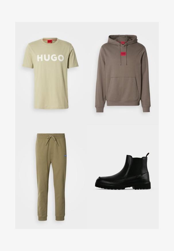 Sudadera con capucha de un color marrón apagado, que cuenta con un bolsillo frontal y una etiqueta roja con "HUGO" en el pecho. Textura suave y diseño casual.; Camiseta de algodón color verde oliva con cuello redondo y un atrevido logo blanco "HUGO" en el frente. Mangas cortas, sin patrones o acentos visibles.; Pantalones de chándal verde olivo con cintura elástica y cordón. Cuenta con bolsillos laterales y puños acanalados. Fabricados con material suave y elástico.; Bota negra de cuero hasta el tobillo con suela texturizada, paneles laterales elásticos y pestaña de tirador sobre fondo gris claro.