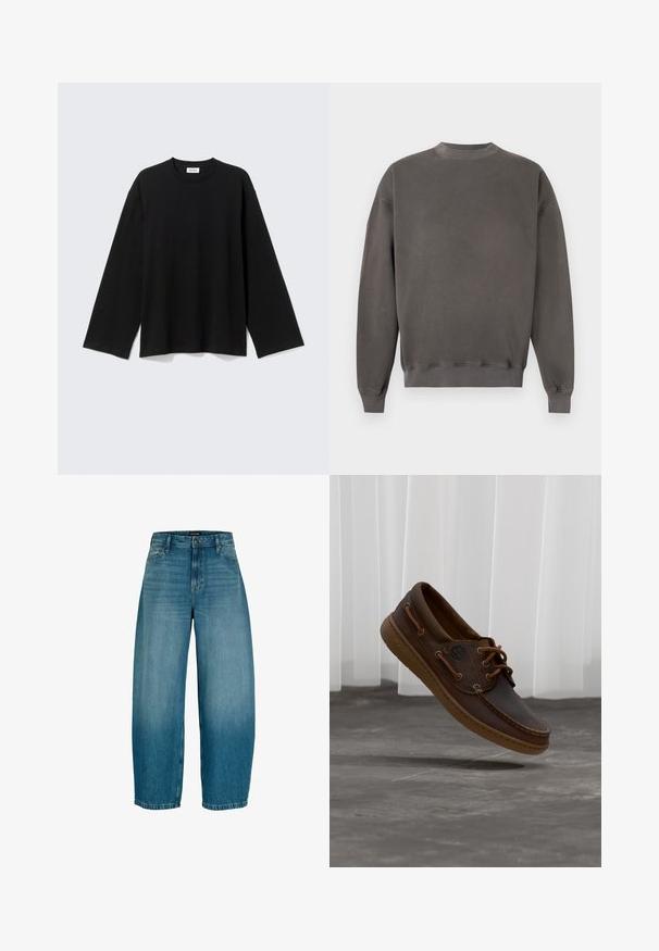 Sudadera lisa de color gris oscuro con mangas largas, cuello redondo, puños y dobladillo acanalados, mostrada sobre un fondo blanco.; Camiseta negra de manga larga con cuello redondo, ajuste relajado, dobladillo recto y sin patrones ni logotipos visibles sobre un fondo claro.; Vaqueros de mezclilla azul de pierna ancha con cierre frontal de botones y cremallera, trabillas para el cinturón y bolsillos laterales, con un ligero desgaste en los muslos.; Zapato náutico de cuero marrón con cordones, logo de Timberland en el lateral, flotando sobre un suelo de baldosas grises frente a persianas verticales blancas.