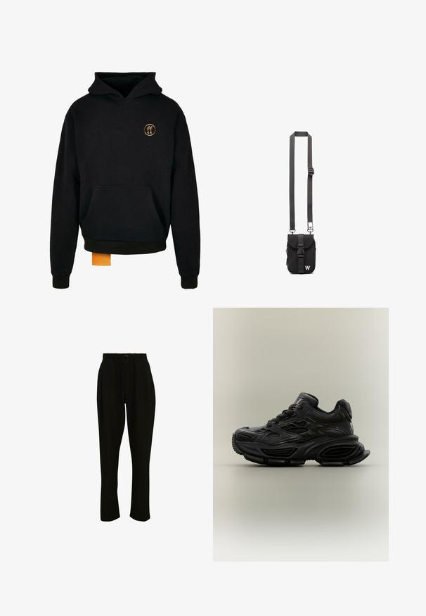 Sweatshirt à capuche noire en coton, avec une poche avant et des poignets côtelés. Petit emblème doré sur la poitrine ; étiquette orange visible à l'ourlet.; Pantalons noirs à côtes avec une taille élastique, dotés d'un cordon de serrage et de jambes larges. Le tissu est doux avec une texture lisse.; Baskets noires épaisses avec un design texturé, semelle épaisse et fermeture à lacets, présentées sur un fond neutre uni.; Sac en bandoulière noir en tissu avec sangle réglable, rabat avant et poche zippée. Doté de quincaillerie de marque et d'une forme rectangulaire compacte.