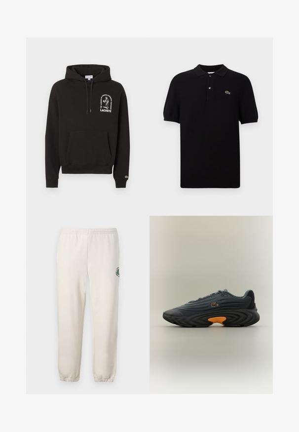 Sudadera negra con capucha y bolsillo frontal, con gráfico blanco y texto "La leyenda de la elegancia francesa continúa" sobre el logo de Lacoste en el pecho.; Polo negro hecho de tejido de punto, con un cuello clásico, tres botones y un logo de cocodrilo verde en el lado izquierdo. Mangas cortas.; Pantalones de chándal de color beige claro, hechos de algodón, con una cinturilla elástica, puños acanalados y un logo verde con diseño de hoja en la pierna izquierda.; Zapatillas Lacoste en gris oscuro con parte superior texturizada, suela curva negra prominente y acento naranja brillante en el talón. Diseño con cordones y logo.
