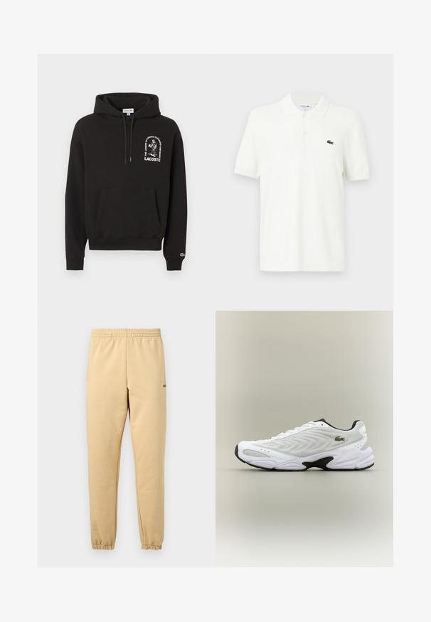 Schwarzer Kapuzenpullover mit Fronttasche, weißem Schriftzug und Grafik "The Legend of French Elegance Continues" über dem Lacoste-Logo auf der Brust.; Weißes Polohemd aus glattem Baumwollstoff mit klassischem Kragen, drei-Knopf-Leiste und kleinem grünen Krokodil-Logo auf der Brust.; Beige Jogginghose mit elastischem Bund und Bündchen, mit einem kleinen gestickten grünen Krokodil-Logo am rechten Oberschenkel.; Weißer Sportschuh mit strukturiertem Mesh-Obermaterial, geschwungenem Design und kontrastierender schwarzer Laufsohle. Mit grünem gesticktem Logo an der Seite.