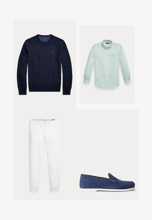 Marineblauer Langarmpullover mit Rundhalsausschnitt, strukturierter Strick und kleinem besticktem Polo Ralph Lauren Logo auf der linken Brust.; Hemd mit Knopfleiste in grünen und weißen Vertikalstreifen, aus Baumwolle. Verfügt über einen klassischen Kragen, lange Ärmel und ein kleines Logo auf der Brust.; Weiße Baumwoll-Chinos mit schmaler Passform, ausgestattet mit einem einzigen goldfarbenen Knopfverschluss und einem hellblauen inneren Bund. Glatte Textur ohne Muster.; Blauer Wildleder-Slipper mit weißer Sohle und beiger Naht am oberen Rand, dargestellt vor einem schlichten weißen Hintergrund.
