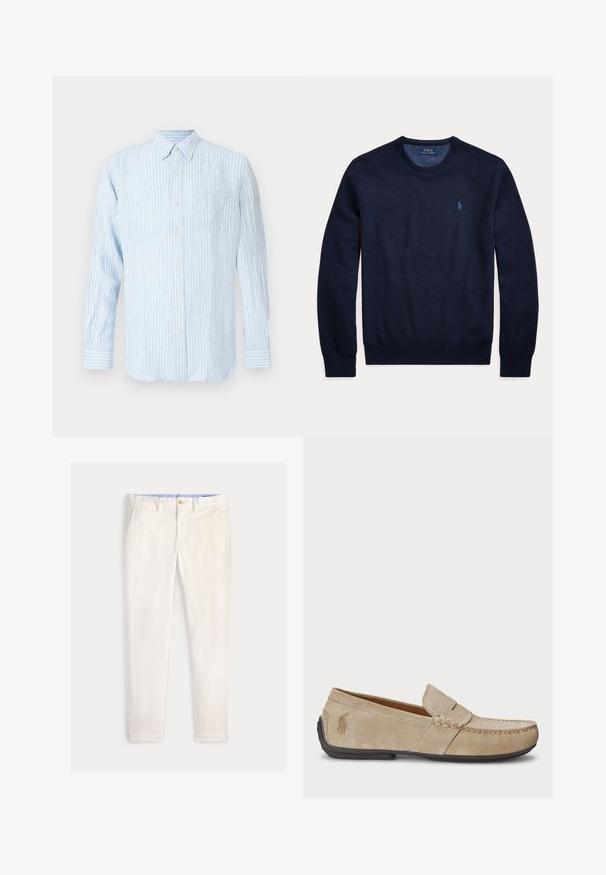 Jersey azul marino de manga larga con cuello redondo, tejido texturizado y pequeño logo bordado de Polo Ralph Lauren en el pecho izquierdo.; Camisa de botones a rayas azul claro con mangas largas, cuello con solapa, bolsillo en el pecho y un pequeño detalle de logo en rosa.; Pantalones ajustados para hombre en color blanco roto con bolsillos delanteros, trabillas para cinturón y cierre de botón sobre un fondo liso.; Mocasines de ante beige con detalle cosido, suela de goma plana y un pequeño logotipo en el lateral. Diseño clásico de slip-on, textura suave.