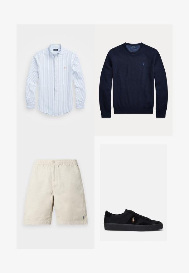 Pull bleu marine à manches longues avec col rond, tricot texturé et petit logo Polo Ralph Lauren brodé sur la poitrine gauche.; Chemise à rayures bleu clair et blanche, à boutons, avec un col, des manches longues et un petit logo brodé sur la poitrine. Matériau en coton.; Shorts beige décontractés avec taille élastique, fermeture par boutons à l'avant et petit logo brodé bleu près de l’ourlet sur la jambe gauche.; Baskets noires avec un dessus en tissu et en daim, bout rond, semelle en caoutchouc plate et logo brodé sur le côté. Design à lacets avec six œillets.