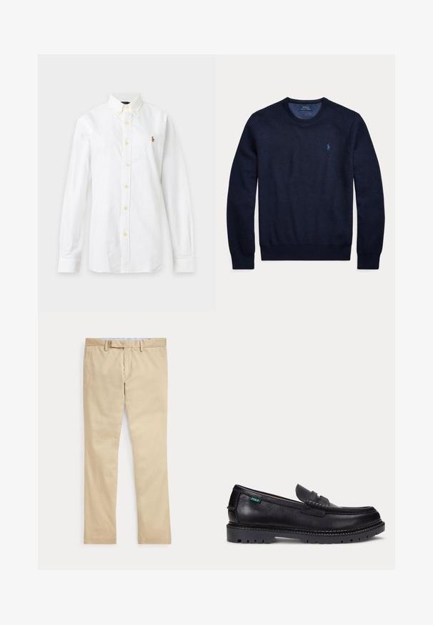 Tmavomodrý dlhý rukáv s okrúhlym výstrihom, textúrovaným úpletom a malým vyšívaným logom Polo Ralph Lauren na ľavej strane hrudníka.; Biela košeľa s dlhým rukávom na zapínanie na gombíky s golierom a malým vyšívaným logom na ľavej strane hrude na jednofarebnom pozadí.; Béžové nohavice s rovnými nohavicami, s pútkami na opasok a predným zipsom, položené na bielom pozadí.; Čierny kožený mokasín s hrubou drsnou podrážkou a malou zelenou značkou "Polo" na vonkajšej strane pri päte.