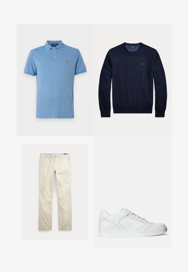 Tumesinine pika varrukaga ümar kaelusega kampsun tekstuurse kudumismustriga ja väikese heegeldatud Polo Ralph Laureni logoga vasakul rinnal.; Hele sinine puuvillane polo särk, millel on krae, kolme nupuga eesmine sulgemine, lühikesed varrukad ning rindkeres väike tikandiga logo.; Beežid sirge säärega puuvillased püksid vööaasade, eesnupu, luku ja küljetaskutega.; Valged nahast spordijalatsid siledast materjalist, millel on ventilatsiooniga varvas, paelad ja kõrvale brodeeritud logo. Valge kummitald.
