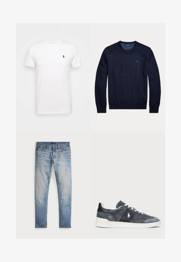 Tmavomodrý dlhý rukáv s okrúhlym výstrihom, textúrovaným úpletom a malým vyšívaným logom Polo Ralph Lauren na ľavej strane hrudníka.; Biela bavlnená tričko s okrúhlym výstrihom. Na ľavej strane hrude je malé tmavomodré logo. Krátke rukávy, hladká textúra.; Svetlomodré denimové nohavice s bledým povrchom, dizajnom na päť vreciek a kontrastným prešívaním. Obsahujú zips a pútka na opasok. Rovný strih.; Sivé semišové tenisky s bielymi šnúrkami, tmavým panelom s logom a bielou gumovou podrážkou. Okrúla špička so šitím.