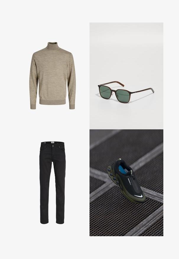 Beige Rollkragenpullover aus weichem Strickstoff. Mit langen Ärmeln, gerippten Bündchen und Saum, sowie einer glatten Textur und subtilen tonalen Mustern.; Schwarze Slim-Fit-Jeans mit fünf Taschen, Knopf- und Reißverschluss sowie Gürtelschlaufen, dargestellt vor weißem Hintergrund.; Schwarze und olivfarbene Nike Air Max Schuhe mit einem glatten Obermaterial, Reißverschluss und auffälligen Luftpolsterelementen in der Sohle. Blaue Innensohle sichtbar.; Quadratische Sonnenbrille mit dunkelgrün getönten Gläsern, braunem Rahmen und dezenten metallischen Akzenten. Robuste Bügel mit glatter Textur.
