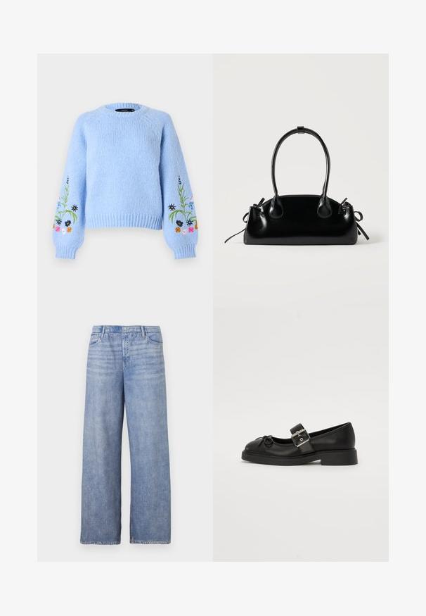 Pull tricoté bleu clair avec encolure ronde, poignets côtelés et broderie florale multicolore sur les manches. Texture douce.; Jeans large en denim bleu clair, dotés d'un design classique à cinq poches, d'une fermeture à bouton et d'un délavage visible sur le tissu.; Chaussure Mary Jane en cuir noir avec un bout arrondi, une sangle à la cheville et des détails en boucle argentée. Présente une semelle plate et épaisse ainsi qu'un accent en nœud.; Petit sac à main noir brillant avec deux longues anses et des détails à cordon sur les côtés sur un fond clair uni.