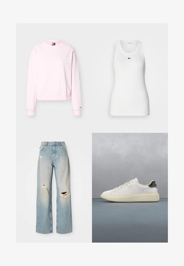 Hellrosa Sweatshirt mit Rundhalsausschnitt und langen Ärmeln, kleines Tommy Jeans Logo auf der Brust und kleines Flaggenlogo am linken Bündchen.; Weißes ärmelloses Tanktop mit rundem Halsausschnitt und geripptem Material. Auf der Brust befindet sich ein kleines grünes Lacoste-Krokodil-Logo.; Hellblaue, gerade geschnittene Jeans mit hoher Taille, Gürtelschlaufen und ausgefransten Rissen am linken Oberschenkel, rechten Knie und unteren linken Bein.; Weiße Sneaker mit einem Obermaterial aus glattem Leder, ausgestattet mit einer tanfarbenen und schwarzen Lederfersenkappe, runden Schnürsenkeln und einer massiven beige Gummisohle. Goldene Logo-Details.