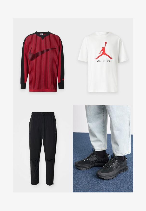 Červená pletená mikina s čiernymi vertikálnymi pruhmi, čiernymi rukávmi a čiernym logom Nike. Má okrúhly výstrih a rebrované manžety.; Biele tričko s krátkym rukávom s červenou siluetou skákajúceho basketbalistu a slovom „AIR“ pod ňou na prednej strane.; Čierne, ľahké vonkajšie nohavice s elastickým pásom a nastaviteľným šnúrkovým uzáverom. Majú zipsové vrecká a zúžené manžety.; Čierne športové topánky s textúrovanou tkaninou a gumovou podrážkou, so elastickými šnúrkami a modrým akcentom na päte. Nosia sa s svetlými riflami.
