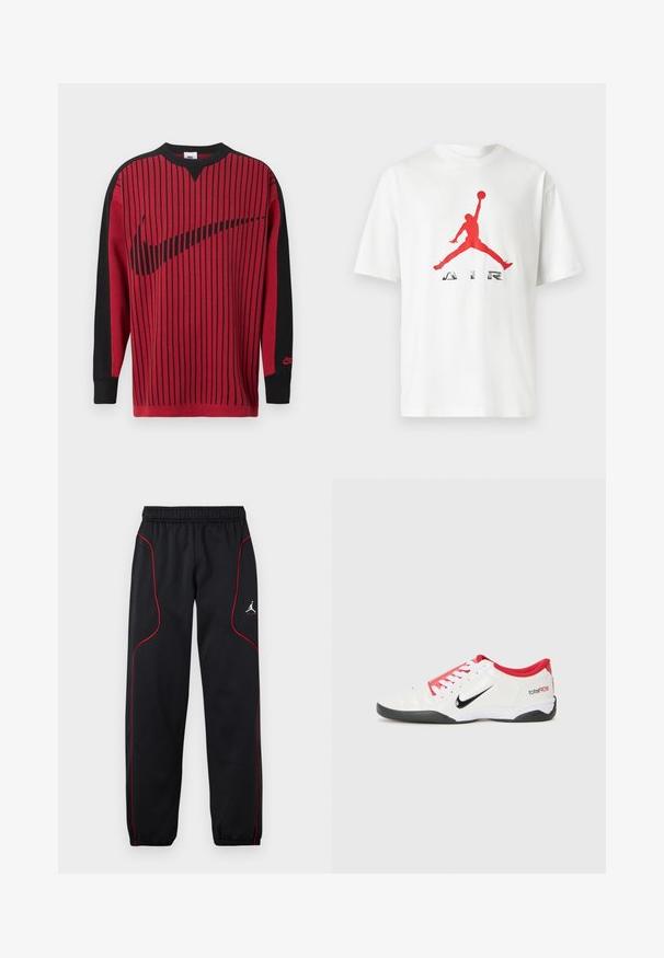 Rød strikket sweatshirt med sorte lodrette striber, sorte ærmer og en sort Nike-logo. Har rund hals og ribbet ærmekanter.; Hvid T-shirt med korte ærmer med en rød silhuet af en basketballspiller, der hopper, og ordet "AIR" nedenunder foran.; Sorte atletikbukser med røde pipinger, elastisk taljebånd og manchetter, samt et lille hvidt Jumpman-logo på højre lår.; Hvide atletiske sko med røde accenter, sort Swoosh-logo og struktureret design. Har hvide snørebånd og en sort ydersål. Teksten læser "total90."