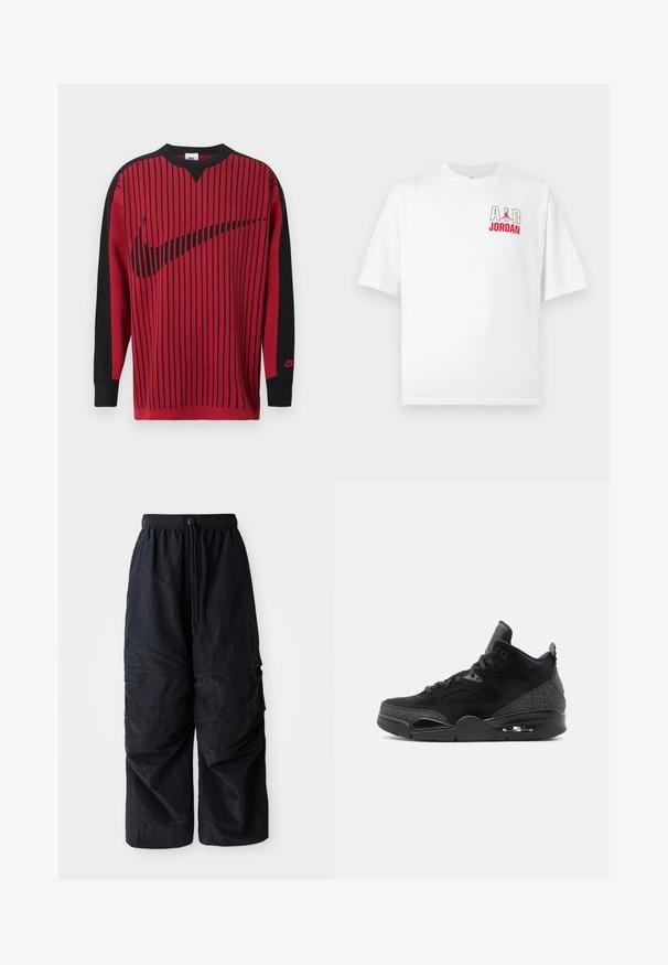 Rode gebreide sweatshirt met zwarte verticale strepen, zwarte mouwen en een zwart Nike-logo. Heeft een ronde hals en geribbelde boorden.; Witte T-shirt met korte mouwen met "AIR" in grote letters en "JORDAN" in het rood daaronder op de linker bovenborst, voorzien van het Jumpman-logo.; Zwarte lichtgewicht nylon cargo pants met elastische tailleband, verstelbare trekkoord en meerdere gelaagde zakken op de benen.; Zwarte hoge sneaker met veters aan de voorkant, patroon op de zijpanelen, zichtbare airzool en gevoerde enkelkraag op witte achtergrond.