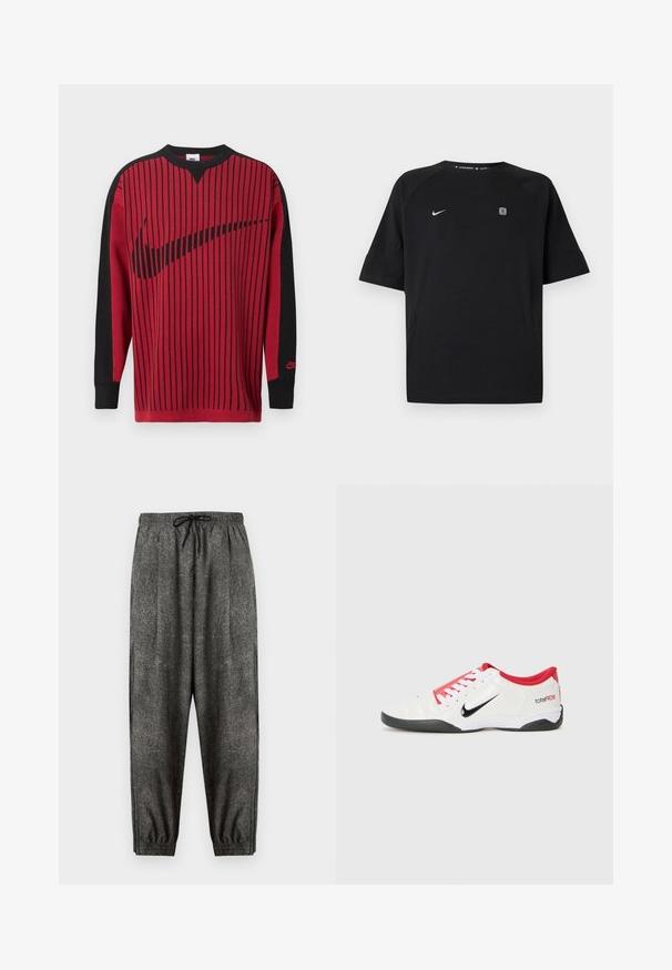 Roter Strick-Sweatshirt mit schwarzen vertikalen Streifen, schwarzen Ärmeln und einem schwarzen Nike-Logo. Verfügt über einen Rundhalsausschnitt und gerippte Bündchen.; Schwarzes Nike-Sportshirt mit kurzen Ärmeln, weißem Swoosh-Logo auf der linken Brust und kleinem quadratischem Emblem auf der rechten Brust, einfarbiger Hintergrund.; Dunkelgraue, strukturierte Jogginghose mit elastischem Bund und schwarzer Kordel, elastischen Bündchen und lockerer Passform.; Weißer Sportschuh mit roten Akzenten, schwarzem Swoosh-Logo und strukturiertem Design. Mit weißen Schnürsenkeln und schwarzem Außensohle. Text lautet "total90."