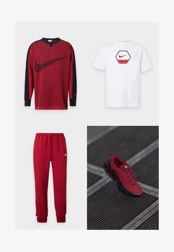 Rode gebreide sweatshirt met zwarte verticale strepen, zwarte mouwen en een zwart Nike-logo. Heeft een ronde hals en geribbelde boorden.; Witte Nike T-shirt met korte mouwen met een rood-zwart hexagonaal logo met de Nike-swoosh en merknaam op de borst.; Rode Nike joggingbroek met elastische tailleband, trekkoord, omslagjes bij de enkels en klein wit Nike-logo op de linker dij.; Rode sneaker met een gestructureerde bovenkant, voorzien van zwarte accenten en een opvallend ontwerp van luchtkussensole. Veters en logo zijn zichtbaar aan de bovenkant.
