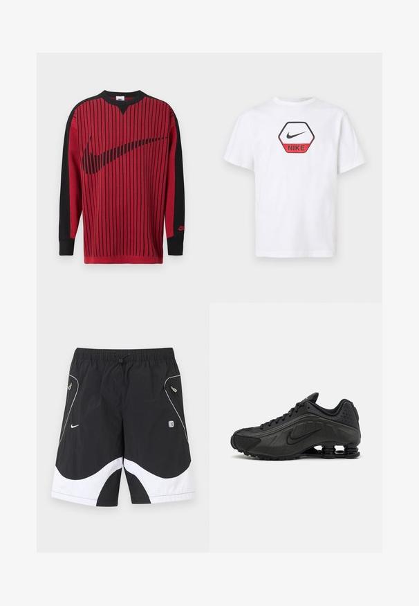 Piros kötött pulóver fekete függőleges csíkokkal, fekete ujjal és fekete Nike logóval. Kerek nyakkivágással és bordázott mandzsettákkal rendelkezik.; Fehér rövid ujjú Nike póló a mellkasán piros és fekete hatszögletű logóval, amelyen a Nike pipa és a márkanév szerepel.; Fekete-fehér Nike sportnadrág elasztikus derékrésszel, húzózsinórral, cipzáras oldalzsebekkel és fényvisszaverő szegéllyel az elülső paneleken.; Fekete futócipők sima szintetikus felsőrésszel, perforált díszítéssel, texturált oldalsó panelekkel és egyedi ruganyos talppal.