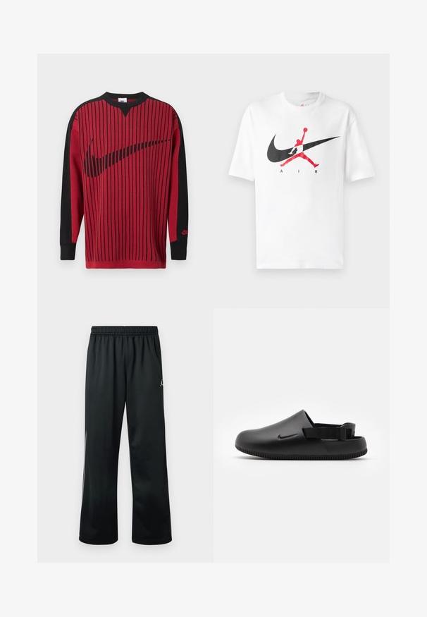 Rode gebreide sweatshirt met zwarte verticale strepen, zwarte mouwen en een zwart Nike-logo. Heeft een ronde hals en geribbelde boorden.; Witte katoenen T-shirt met een groot zwart en rood Nike Swoosh-logo, vergezeld van de silhouet van een basketballer. Korte mouwen, ronde halslijn.; Zwarte sportbroek met een elastische tailleband, met een wit logo aan de bovenkant en een glad, lichtgewicht stof.; Zwarte gemoldeerde klompen met een gladde textuur, een achterband voor stabiliteit en een geribbelde zool voor grip. Bevat een klein logo aan de zijkant.