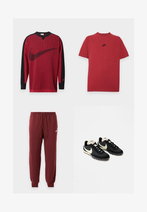 Sudadera de punto roja con rayas verticales negras, mangas negras y un logo negro de Nike. Cuenta con cuello redondo y puños acanalados.; Camiseta de algodón roja con un logo negro de Nike en el pecho, mangas cortas, cuello redondo y ajuste regular. Textura lisa.; Pantalones de chándal burdeos hechos de una tela suave, con una cinturilla elástica y cordón, y puños ajustados, marcados con un pequeño logotipo blanco.; Zapatillas deportivas negras con una parte superior texturizada, logo de swoosh blanco y suela de goma con pequeñas puas para tracción. Cuello en color crema.