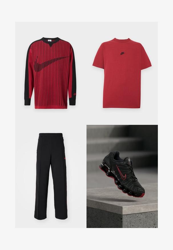 Rød strikket sweatshirt med sorte lodrette striber, sorte ærmer og en sort Nike-logo. Har rund hals og ribbet ærmekanter.; Rød bomuld t-shirt med et sort Nike-logo på brystet, korte ærmer, rund halsudskæring og almindelig pasform. Glat tekstur.; Svarte sweatpants med løs pasform, der har røde detaljer og lommer på siderne. Materialet ser blødt ud med en glat tekstur.; Sort og rød Nike atletiksko med synlig fjederlignende sål balancerende på kanten af et betontrin.