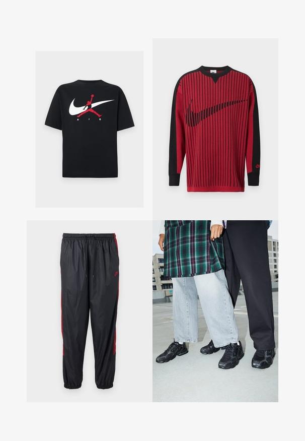 Sweatshirt en maille rouge avec des rayures verticales noires, des manches noires et un logo Nike noir. Dispose d'un col rond et de poignets côtelés.; T-shirt en coton noir à col rond, avec un grand logo Nike swoosh blanc et un logo Jumpman rouge accompagné du texte "AIR" en blanc.; Pantalon de jogging noir Nike avec des bandes rouges sur les côtés, taille élastique à cordon de serrage et poignets élastiques.; Baskets de sport noires avec des accents en mesh et en caoutchouc. Portées avec un jean large gris clair et un haut à carreaux vert. Fond à surface plane.
