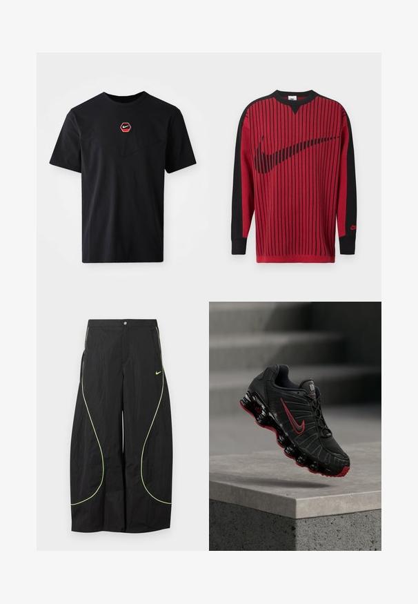 Roter Strick-Sweatshirt mit schwarzen vertikalen Streifen, schwarzen Ärmeln und einem schwarzen Nike-Logo. Verfügt über einen Rundhalsausschnitt und gerippte Bündchen.; Schwarzes kurzärmeliges T-Shirt aus Baumwolle mit einem sechseckigen roten und weißen Nike-Logo auf der Brust und einem abgerundeten Ausschnitt.; Schwarze Nike-Hose mit weitem Bein, neongrünem, geschwungenem Paspel und kleinem Nike-Swoosh-Logo auf dem rechten Oberschenkel, mit Knopf- und Reißverschlussbund.; Schwarzer und roter Nike-Sportschuh mit sichtbarer federartiger Sohle, der auf der Kante einer Betonstufe balanciert.