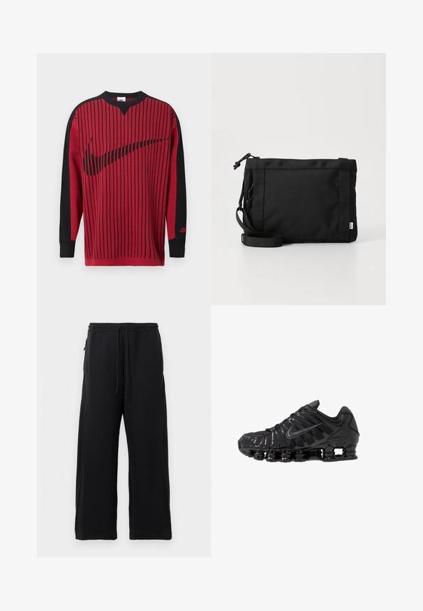 Sudadera de punto roja con rayas verticales negras, mangas negras y un logo negro de Nike. Cuenta con cuello redondo y puños acanalados.; Pantalones de chándal negros hechos de una tela suave, con cintura elástica ajustable, diseño de pierna ancha y bolsillos laterales con una textura lisa.; Zapatillas deportivas negras fabricadas con malla y materiales sintéticos, con un diseño ondulado distintivo, suela de goma negra y detalles reflectantes.; Bolsa de hombro de tela negra con exterior texturizado, correa ajustable y cierre de cordón. Presenta costuras llamativas y una etiqueta lateral.