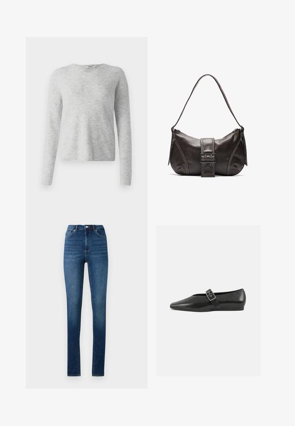 Grauer Strickpullover mit geripptem Textur, langen Ärmeln und V-Ausschnitt-Design. Schlichtes und minimalistisches Erscheinungsbild.; Hochgeschnittene Skinny-Jeans aus mittelblauem Denim mit klassischem Fünf-Taschen-Design und Knopfverschluss.; Schwarze Lederflachschuhe mit spitzem Zehenbereich, ausgestattet mit einem metallischen Riemen über dem Spann und einer niedrigen, flexiblen Sohle.; Braune Lederumhängetasche mit gebogener Form, die mit einem auffälligen Schnallendetail, kontrastierenden Nähten und einem einzigen Schulterriemen ausgestattet ist.