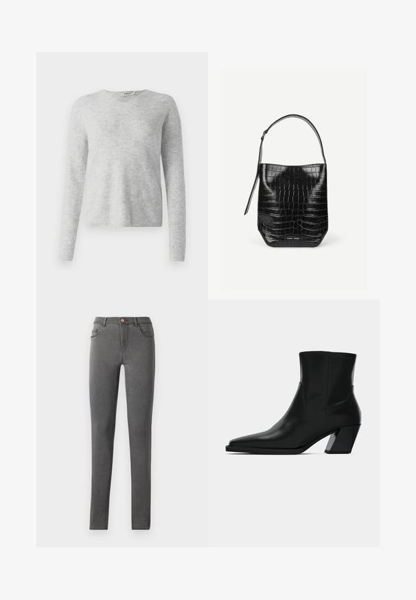 Grauer Strickpullover mit geripptem Textur, langen Ärmeln und V-Ausschnitt-Design. Schlichtes und minimalistisches Erscheinungsbild.; Graue Jeans im Skinny-Fit, mit passgenauer Silhouette, Fünf-Taschen-Style und einem einzigen Metallknopfverschluss am Bund.; Schwarze Leder-Stiefelette mit spitzem Zeh, schlanker Silhouette und klobigem quadratischem Absatz. Glatte Textur mit minimalen Nähdetails.; Schwarze Beuteltasche aus krokodilhautgeprägtem Leder mit einem einzelnen Schulterriemen und kleinem silbernen Markenlogo vorne unten in der Mitte.