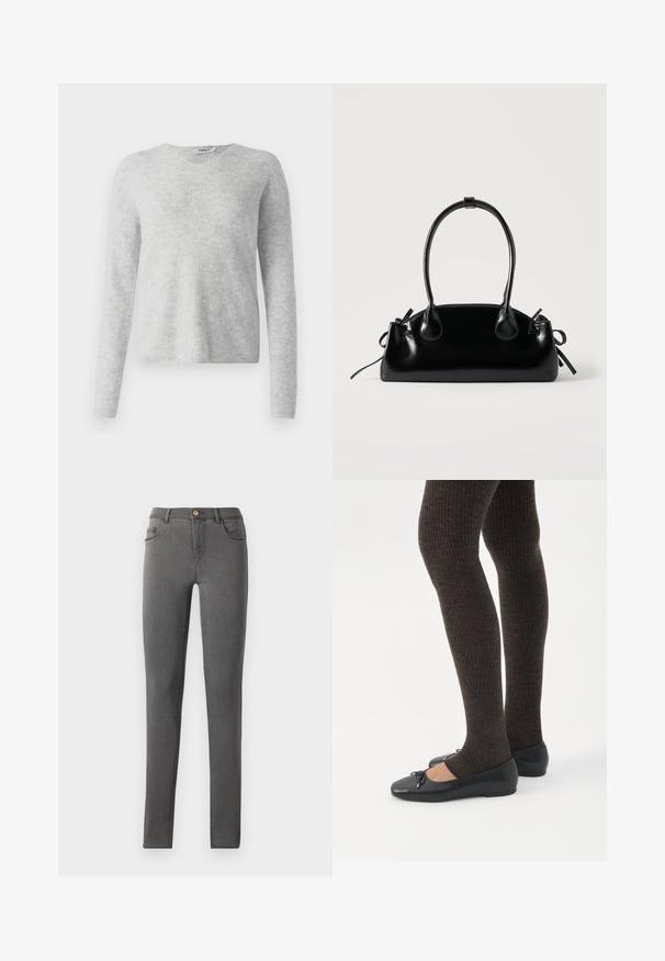 Šedý pletený sveter s rebrovanou textúrou, dlhými rukávmi a výstrihom do V. Jednoduchý a minimalistický vzhľad.; Šedé denimové skinny jeans so priliehavým strihom, päť vreckovým štýlom a jedným kovovým gombíkom na zapínanie v oblasti pása.; Nohy v tmavých pásikavých legínach v kombinácii s čiernymi balerínkami s malými mašličkami na bielom pozadí.; Malá čierna lesklá kabelka s dvoma dlhými rúčkami a bočnými šnúrkovými detailmi na jednoduchom svetlom pozadí.