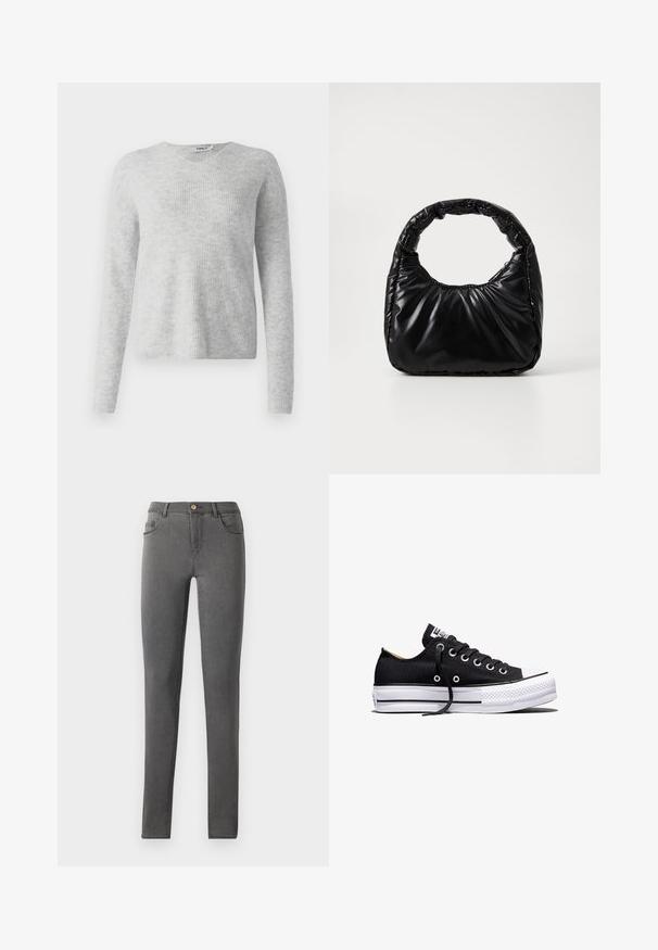 Grauer Strickpullover mit geripptem Textur, langen Ärmeln und V-Ausschnitt-Design. Schlichtes und minimalistisches Erscheinungsbild.; Graue Jeans im Skinny-Fit, mit passgenauer Silhouette, Fünf-Taschen-Style und einem einzigen Metallknopfverschluss am Bund.; Schwarzer Canvas-Sneaker in Low-Top-Form mit weißer Gummisohle auf Plateau, schwarzen Schnürsenkeln und Metallösen vor weißem Hintergrund.; Schwarze gepolsterte Handtasche mit einem runden Griff, die eine glatte, glänzende Oberfläche und eine weiche, gestepfte Textur aufweist. Keine sichtbare Hardware oder Akzente.