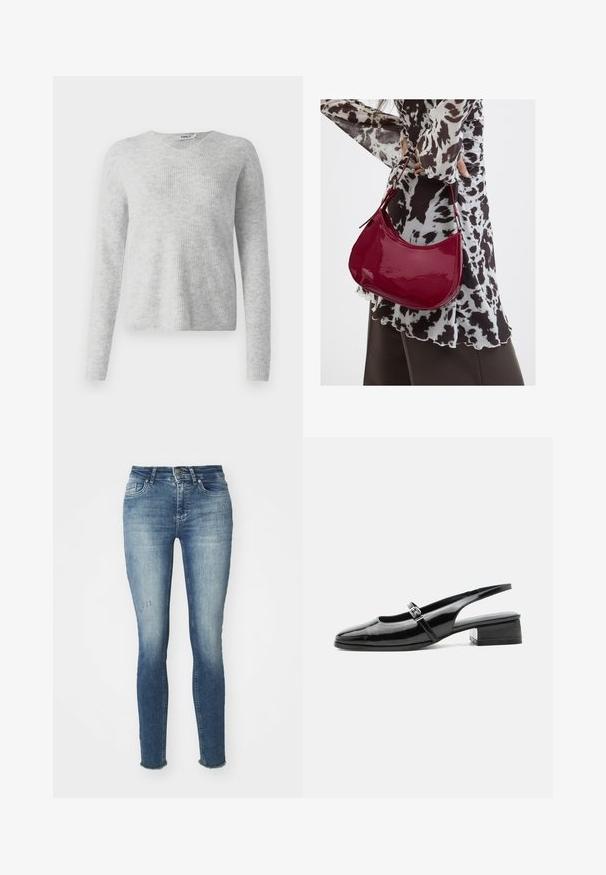Grå strikket sweater med ribbet tekstur, lange ærmer og V-halsdesign. Enkel og minimalistisk fremtoning.; Slanke blå jeans lavet af denim, med en falmet vask, let slid på fronten og flosset kant ved anklerne.; Sort laklæderslingback-sko med lav blokhæl og tynd rem med sølvspænde over toppen.; Kvinde iført en sort- og hvidmønstret bluse, der holder en blank rød skuldertaske mod en ensfarvet baggrund.