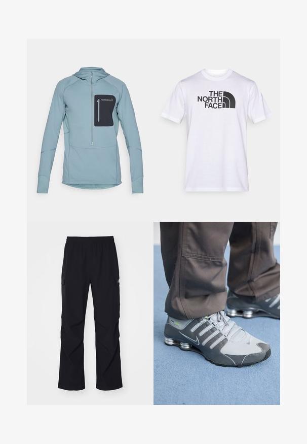 Lyseblå langærmet pullover-hoodie med lynlås og en sort lynlåslomme på brystet. Lavet af struktureret stof med syede detaljer.; Hvid bomuld t-shirt med et sort logo af "THE NORTH FACE" og et buet designelement. Kortærmet og med rund hals.; Sorte cargo bukser lavet af let materiale, med elastisk talje, sidelommer og lige ben design.; Grå og sølv Nike Shox sneakers har et slankt design med mesh og syntetiske materialer, en rund tå og en polstret krave.