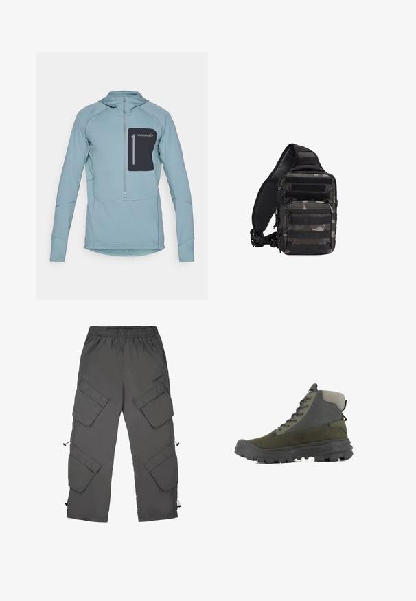 Hoodie à manches longues bleu clair avec fermeture éclair et une poche poitrine zippée noire. Fabriqué en tissu texturé avec des détails cousus.; Pantalons cargo en tissu gris foncé avec une taille élastique, plusieurs poches cargo, ourlets avec cordons de serrage et une texture lisse.; Vue latérale d'une chaussure de randonnée verte et grise avec une semelle noire épaisse et un col rembourré montant à la cheville sur fond blanc.; Sac tactique compact camouflage noir et gris avec plusieurs compartiments zippés et une bandoulière rembourrée réglable.