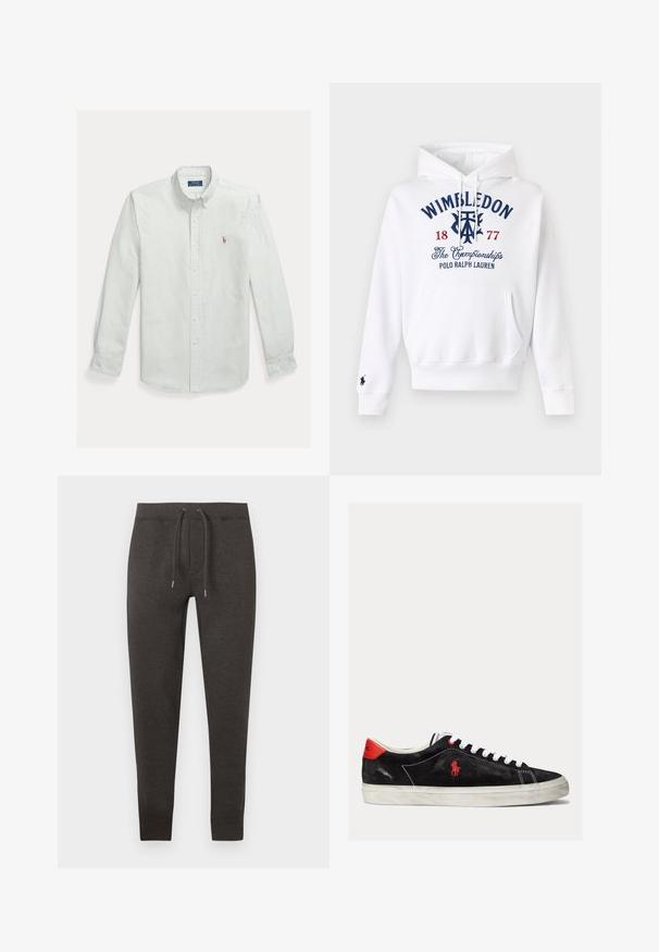 Valkoinen huppari, jossa etutasku, rinnassa kirjailtuna "Wimbledon 1877 The Championships Polo Ralph Lauren" laivastonsinisellä ja punaisella.; Vaaleanvihreä ja valkoraidallinen puuvillainen nappipaita, jossa on klassinen kaulus ja pieni kirjailtu logo rinnassa.; Tummanharmaat collegehousut pehmeästä materiaalista, joissa on joustava vyötärönauha kiristysnyörillä, kapenevat lahkeet ja nilkkapituiset resorit.; Mustat nahkakengät valkoisilla nauhoilla, punaisella korostuksella kantapäässä ja pienellä punaisella logolla. Varustettu tasaisella kumipohjalla ja yksinkertaisella ompelulla.
