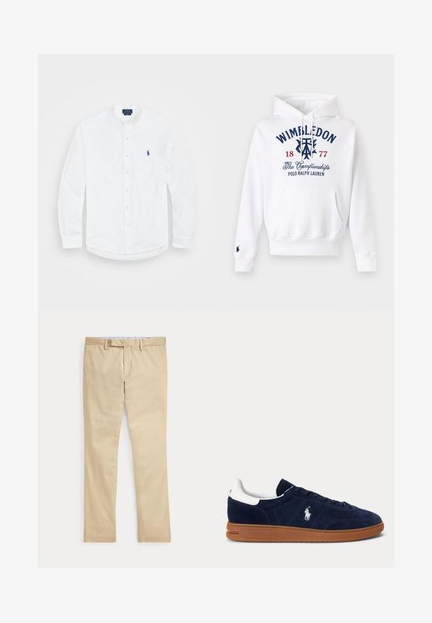 Hvid hættetrøje med frontlomme, "Wimbledon 1877 The Championships Polo Ralph Lauren" broderet i navy og rød på brystet.; Hvid langærmet skjorte med båndkrave, knaplukning foran og et blåt logo på venstre side. Fremstillet af glat bomuldsstof.; Beige bukser med lige ben, bæltestropper og frontlynlås, lagt fladt mod en hvid baggrund.; Mørkeblå ruskindssneaker med hvid hælflap, broderet logo på siden, brun gummisål og sorte snørebånd.