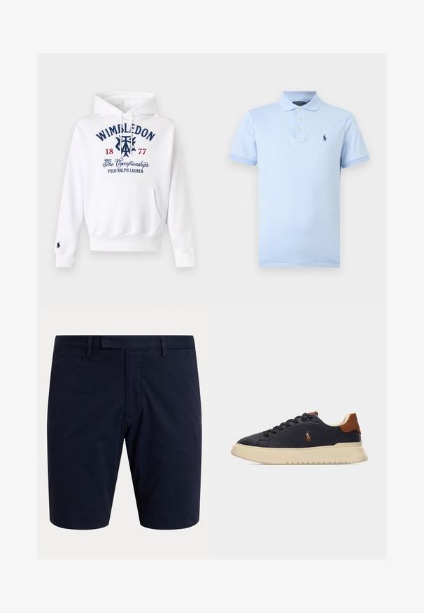 Sweat à capuche blanc avec poche avant, "Wimbledon 1877 The Championships Polo Ralph Lauren" brodé en bleu marine et rouge sur la poitrine.; Polo à manches courtes bleu clair avec un motif texturé subtil, col boutonné et logo brodé bleu foncé sur la poitrine.; Shorts bleu marine foncé longueur genou avec passants de ceinture, une fermeture éclair à l’avant, et des poches latérales sur un fond uni clair.; Baskets basses noires à semelle crème, languette marron au talon, logo du cheval Polo Ralph Lauren sur le côté, et lacets noirs, sur un fond uni.