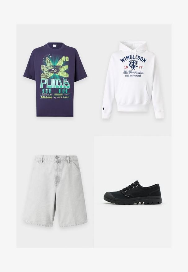 Sweat à capuche blanc avec poche avant, "Wimbledon 1877 The Championships Polo Ralph Lauren" brodé en bleu marine et rouge sur la poitrine.; T-shirt Puma bleu marine avec une fleur abstraite vert néon, numéro 48, texte Puma stylisé et petites icônes graphiques.; Shorts en coton gris clair au découpe classique, avec une fermeture éclair, des passants de ceinture et des poches latérales. Texture lisse avec un design simple.; Chaussure noire en toile à lacets avec un embout en caoutchouc, une semelle texturée et des œillets. Possède un col rembourré et un branding minimal sur le côté.