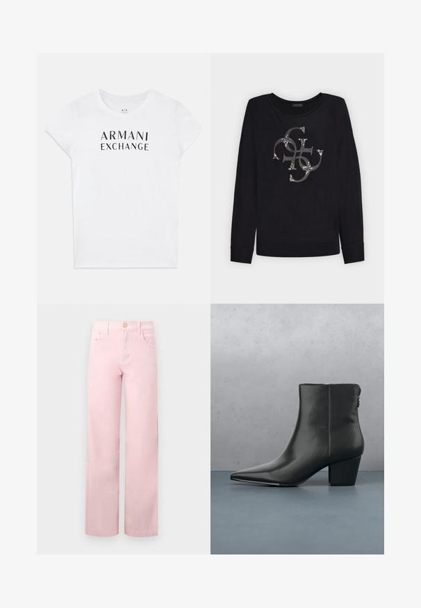 Zwarte trui met lange mouwen en een ronde halslijn met een zilverkleurig met strass versierd verweven "G"-logo middenvoor.; Witte katoenen t-shirt met een zwart "ARMANI EXCHANGE" logo over de borst. Korte mouwen en een ronde hals. Fijne textuur.; Roze wijde jeans van katoen met een knoopsluiting, steekzakken aan de voorkant en een nette afwerking aan de zoom. Gladde textuur en egale kleur.; Zwarte lederen enkellaars met een spitse neus en een gematigde hak, met een gladde textuur en minimale details, geplaatst tegen een gewaxt achtergrond.