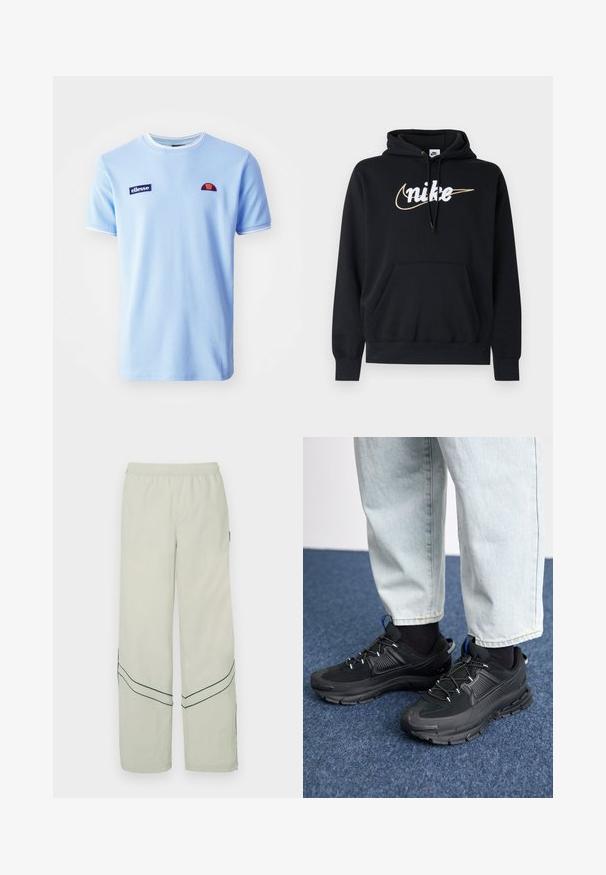 Sort hættetrøje lavet af blødt stof, med en frontlomme, snøre i hætten og hvidt Nike-logo med gulddetalje.; Ellesse BELVIDER TEE - T-shirts print - light blue; Lysegrønne løstsiddende bukser med elastik i taljen, prydet med mørkegrønne diagonale striber og et enkelt design. Glat, letvægtsstof.; Sorte træningssko med tekstureret stof og gummisåler, udstyret med elastiske snørebånd og en blå detalje på hælen. Bæres med lyse denimbukser.