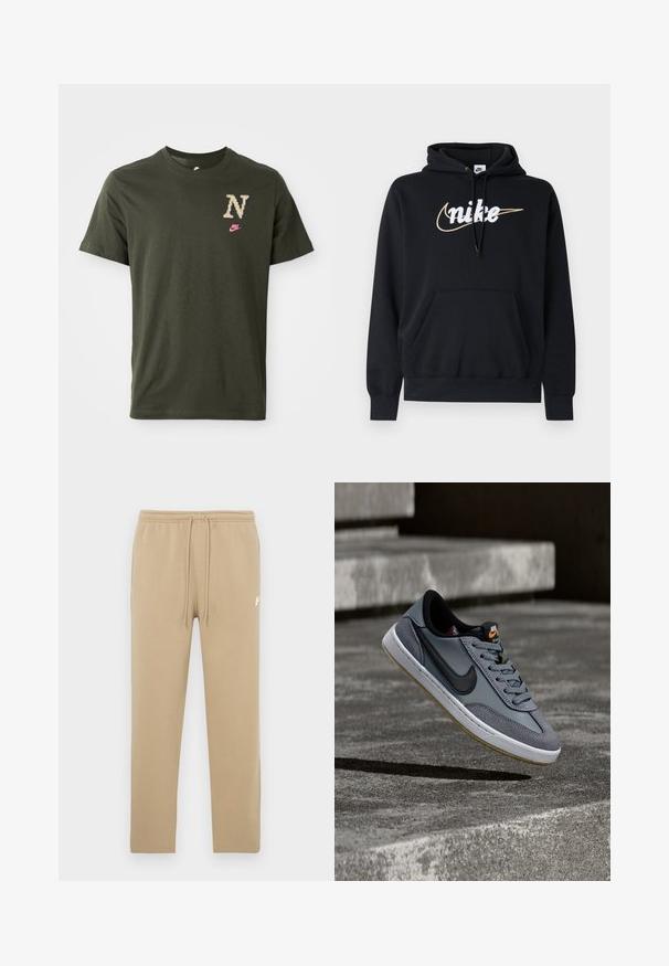 Sudadera con capucha negra de tejido suave, con bolsillo frontal, capucha con cordón y logo de Nike blanco con acento dorado.; Camiseta de algodón verde oliva de manga corta, que presenta un gran logo "N" estampado en beige y un pequeño swoosh de Nike en rosa en el pecho.; Pantalones deportivos beige con cintura elástica y cordones, con un pequeño logo blanco de Nike en la parte superior del muslo izquierdo.; Zapatilla Nike de cuero y ante gris, con el logo swoosh negro, entresuela blanca y suela exterior de goma texturizada con detalles en color gomoso.